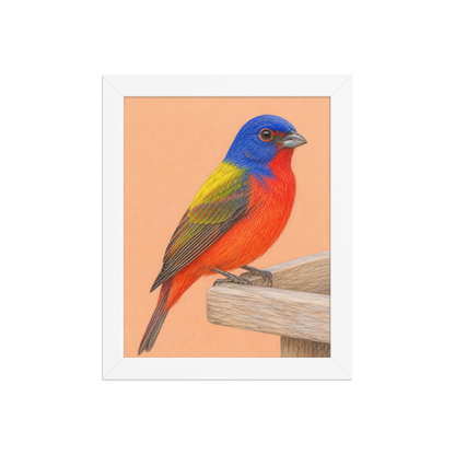 Framed Painted Bunting colored pencil illustration on wooden feeder, apricot background, wood frame wall art