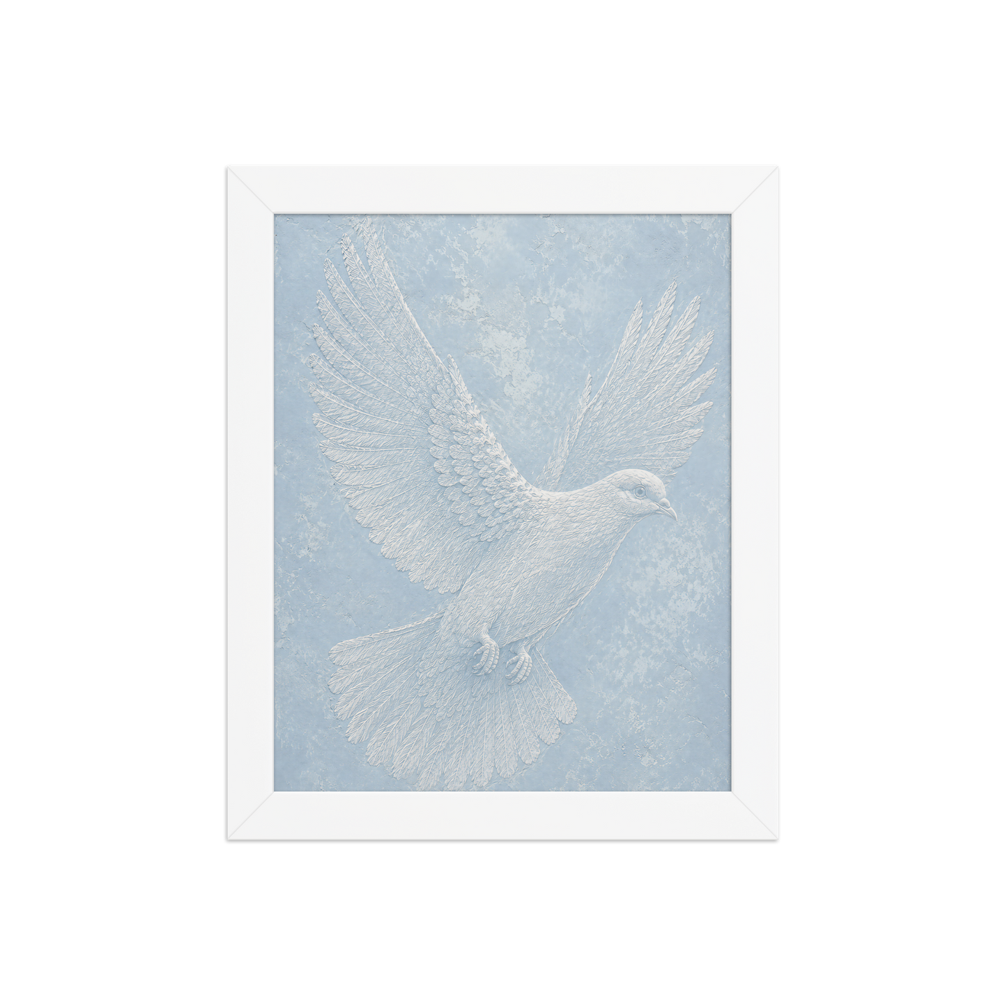 Framed peace dove print with embossed relief-look design on dusty blue textured background