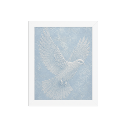 Framed peace dove print with embossed relief-look design on dusty blue textured background