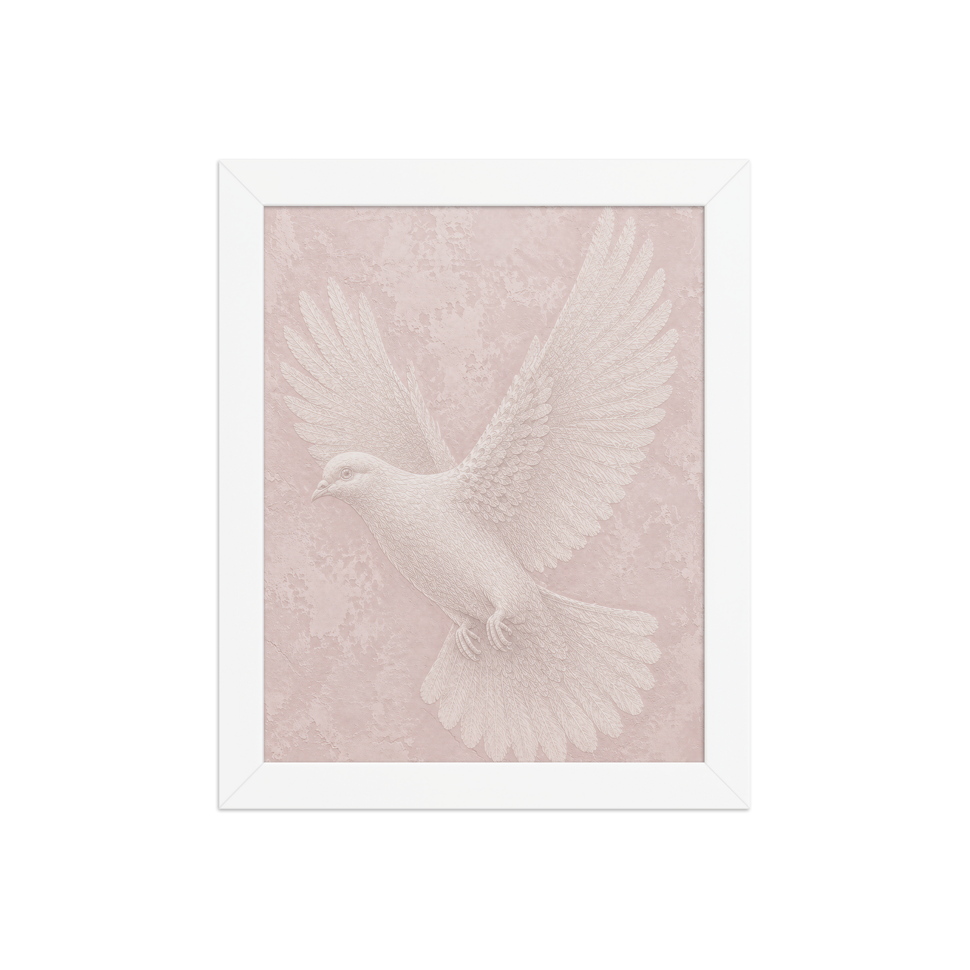 Framed peace dove print with embossed relief-look design on blush pink textured background
