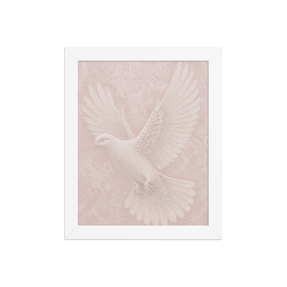 Framed peace dove print with embossed relief-look design on blush pink textured background
