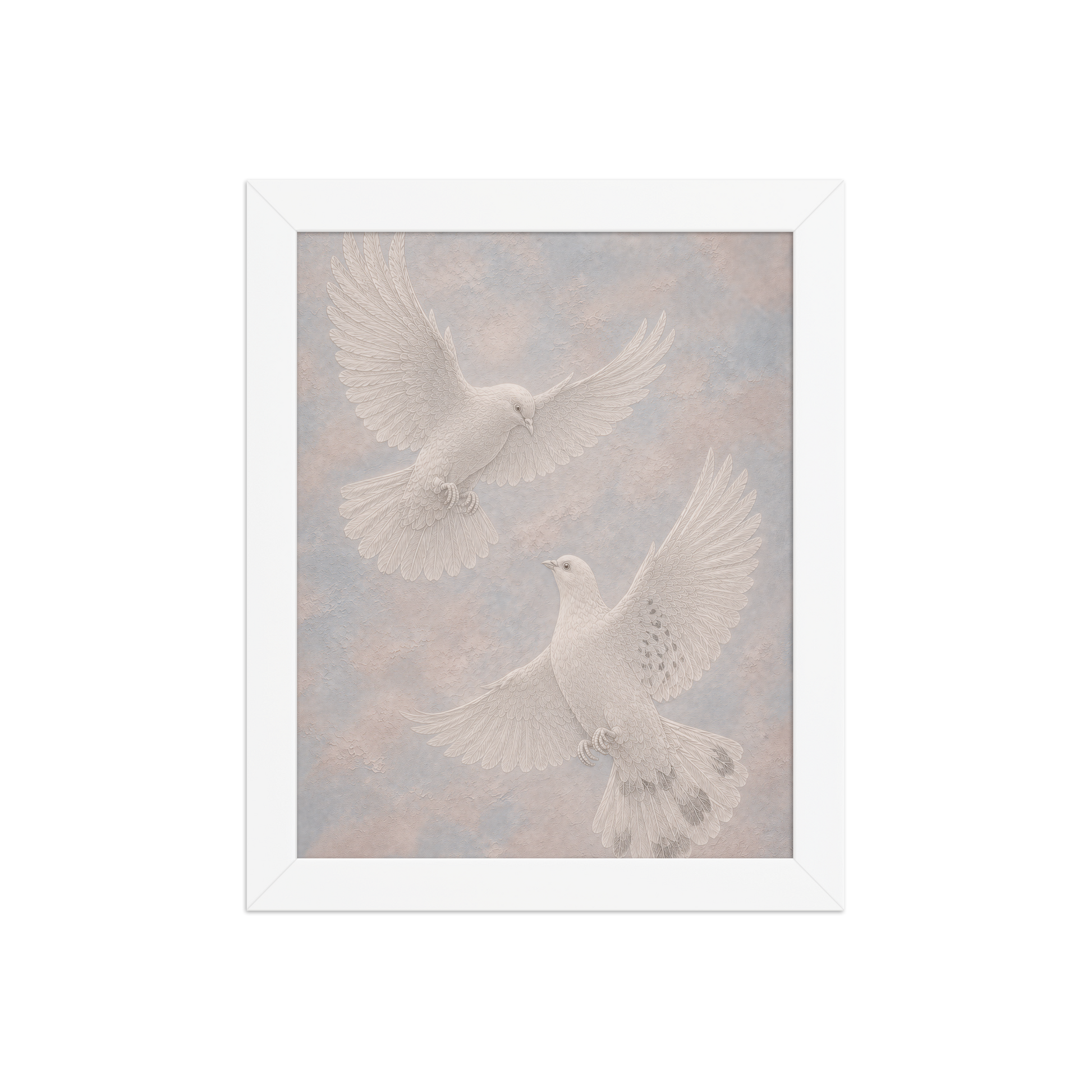 Framed two peace doves print with embossed relief-look design on dusty blue and blush textured background