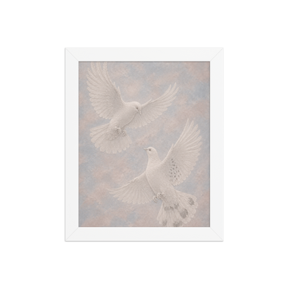 Framed two peace doves print with embossed relief-look design on dusty blue and blush textured background