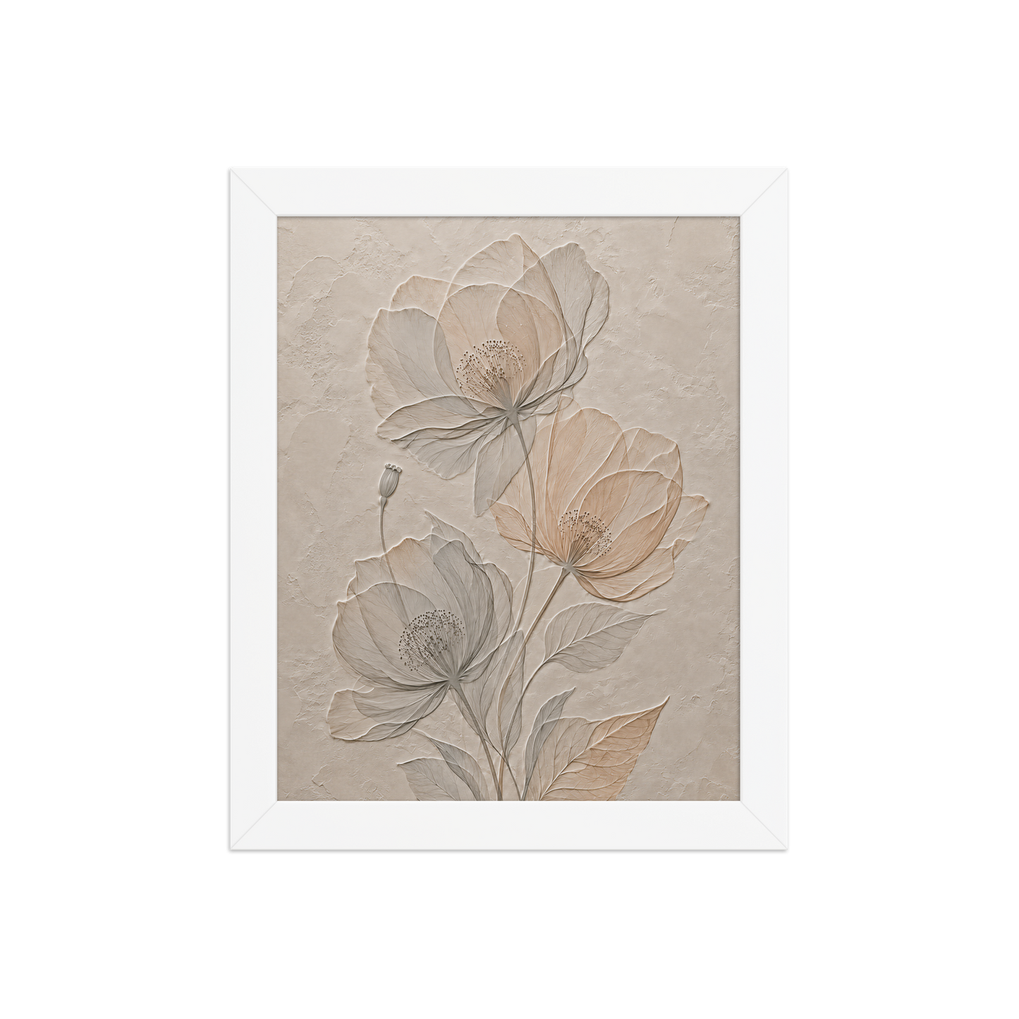 Framed wildflower bouquet print with embossed relief-look design on neutral beige textured background