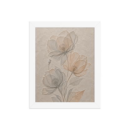 Framed wildflower bouquet print with embossed relief-look design on neutral beige textured background
