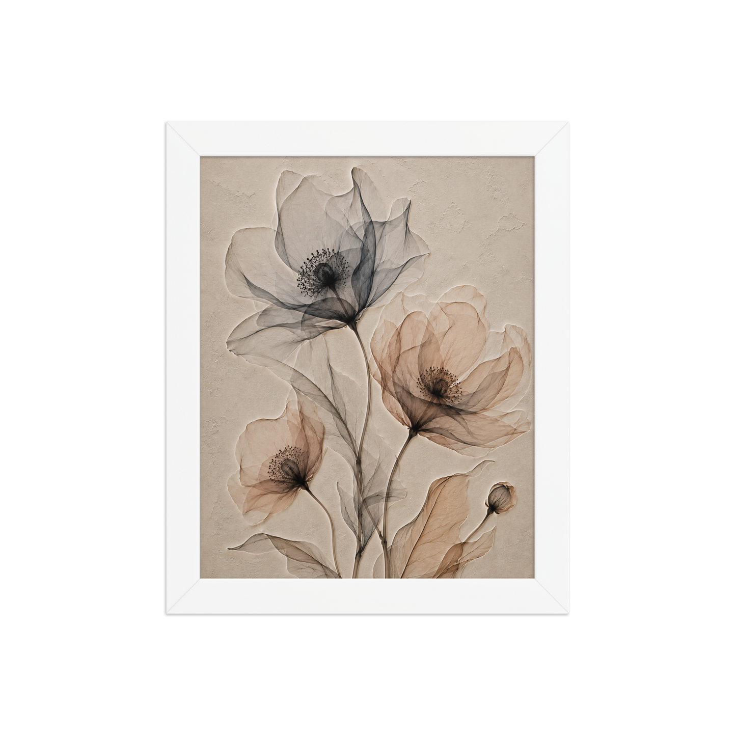 Framed wildflower trio print with embossed relief-look design in charcoal and clay tones on beige textured background