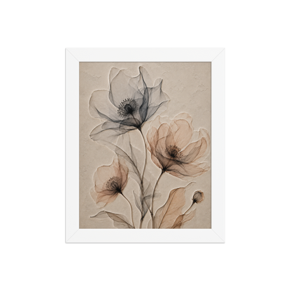 Framed wildflower trio print with embossed relief-look design in charcoal and clay tones on beige textured background