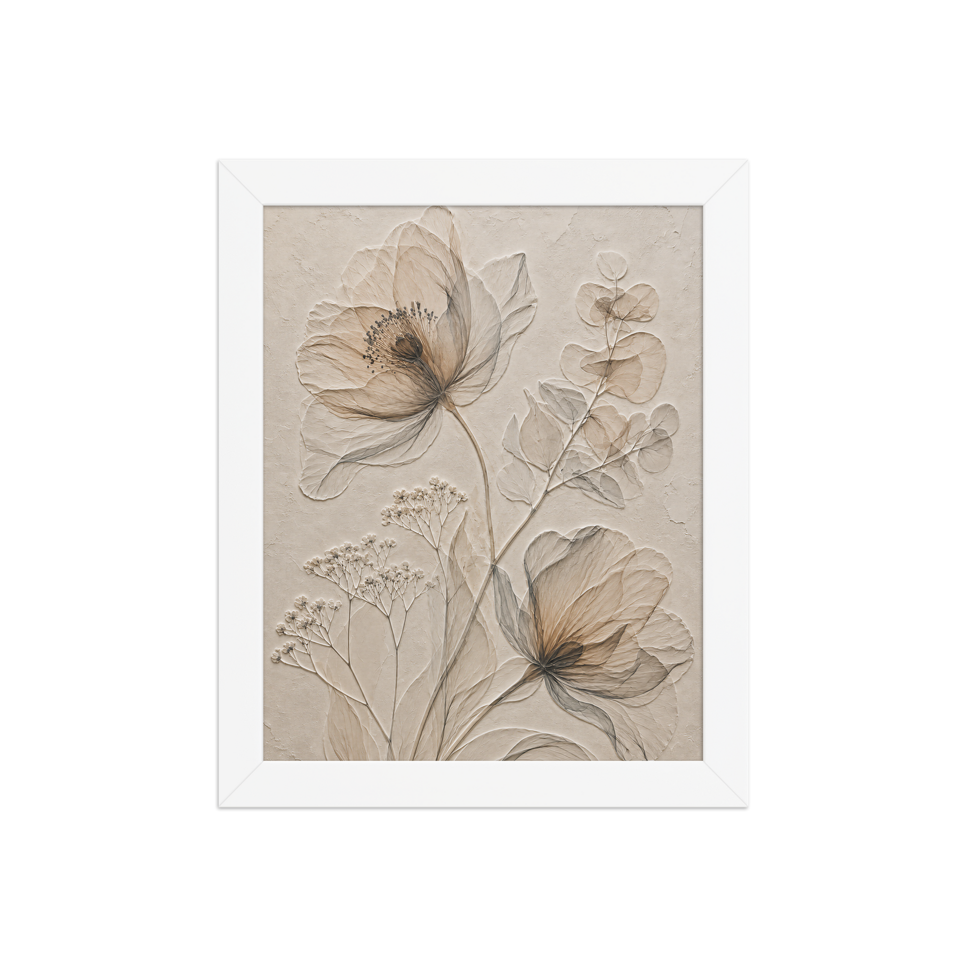 Framed botanical study print with embossed relief-look design in warm sepia tones on beige textured background