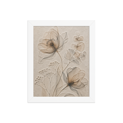 Framed botanical study print with embossed relief-look design in warm sepia tones on beige textured background