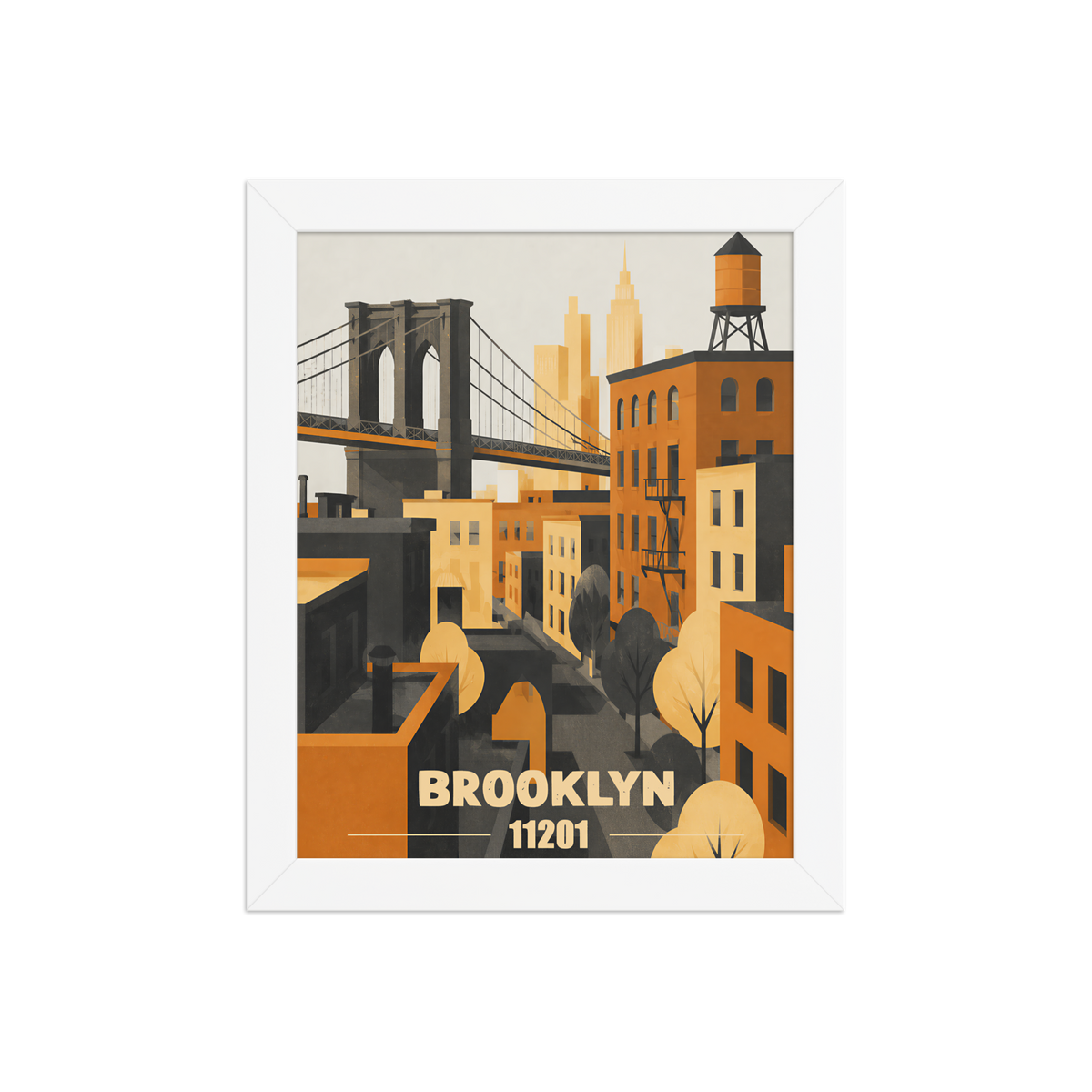 Framed Brooklyn fire escape retro travel poster, 11201 zip code wall art