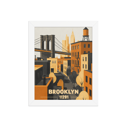 Framed Brooklyn fire escape retro travel poster, 11201 zip code wall art