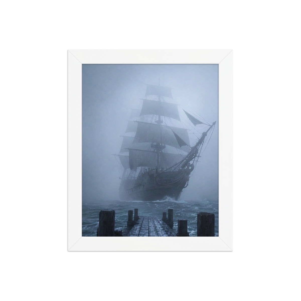 Ghost ship emerging from fog at dawn, dark moody framed wall art print ready to hang, JMTR Jeometry Store