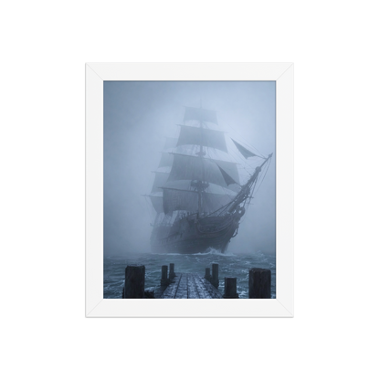 Ghost ship emerging from fog at dawn, dark moody framed wall art print ready to hang, JMTR Jeometry Store