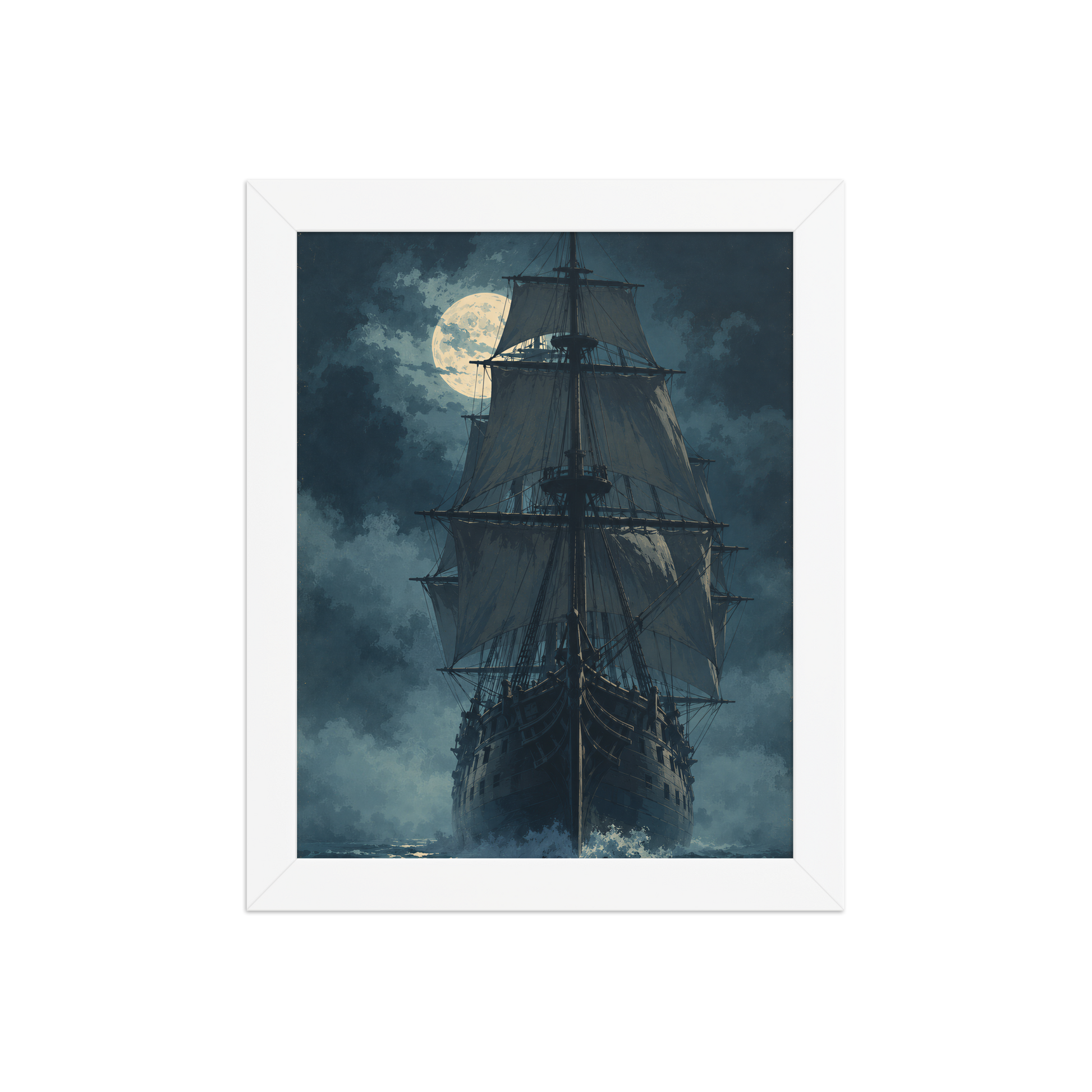 Tall ship sailing under full moon at night, vintage atmospheric nautical framed wall art print ready to hang, JMTR Jeometry Store