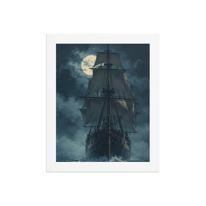 Tall ship sailing under full moon at night, vintage atmospheric nautical framed wall art print ready to hang, JMTR Jeometry Store