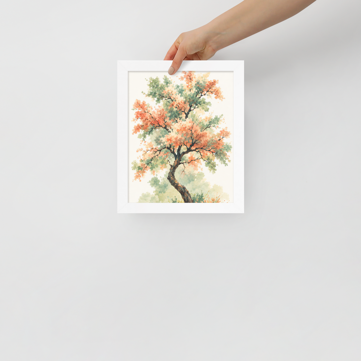 Watercolor painting of a blossoming tree with coral and sage green leaves, twisting trunk in a quiet meadow, framed wall art print ready to hang, JMTR Jeometry Store