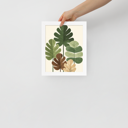 Illustrated fig leaves in shades of green, brown and gold with textured paper-like finish, framed wall art print ready to hang, JMTR Jeometry Store
