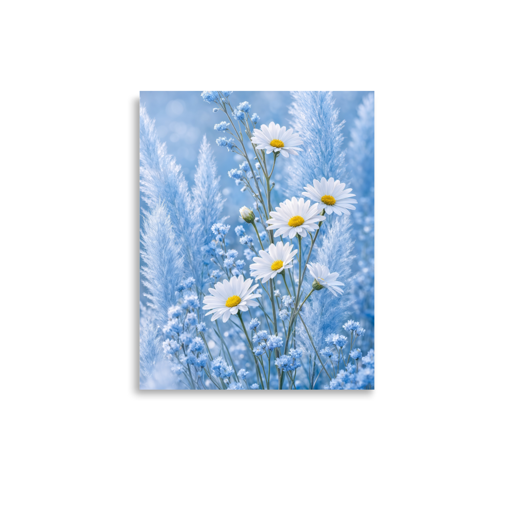 Minimalist floral art print featuring white daisies in a pale blue meadow with soft neutral tones