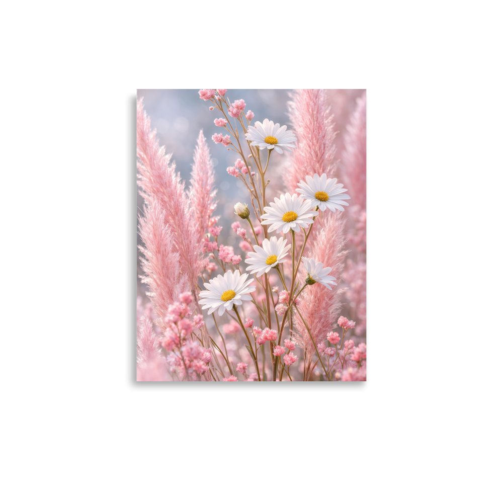 Minimalist blush floral art print with white daisies and soft pink grasses in neutral tones