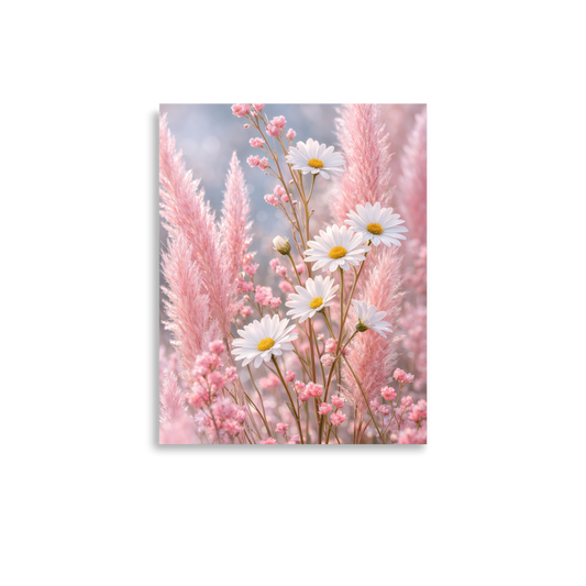 Minimalist blush floral art print with white daisies and soft pink grasses in neutral tones