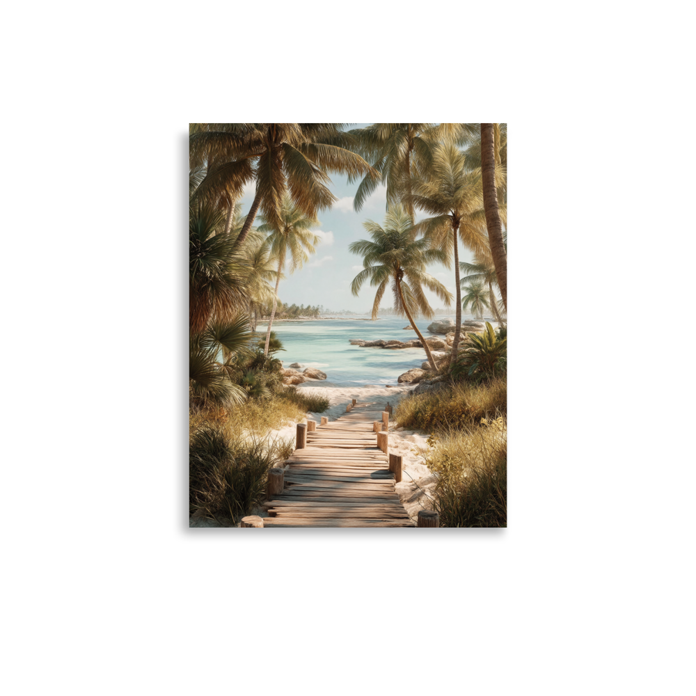 Wooden boardwalk path through tropical palm trees 
leading to calm turquoise beach, 
coastal wall art print, JMTR Jeometry Store