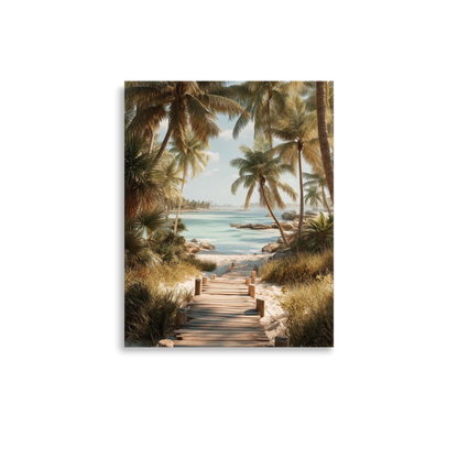 Wooden boardwalk path through tropical palm trees 
leading to calm turquoise beach, 
coastal wall art print, JMTR Jeometry Store