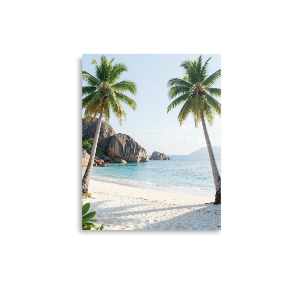 Tropical beach scene with two palm trees, turquoise ocean and white sand, calm aesthetic wall art print, JMTR Jeometry Store