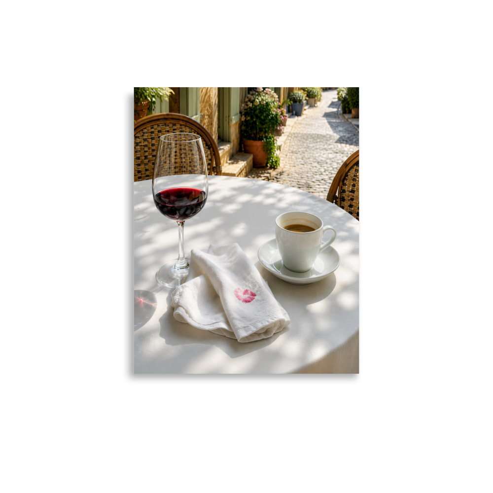 Sunlit café terrace table with red wine, espresso cup and linen napkin, calm aesthetic wall art print, JMTR Jeometry Store