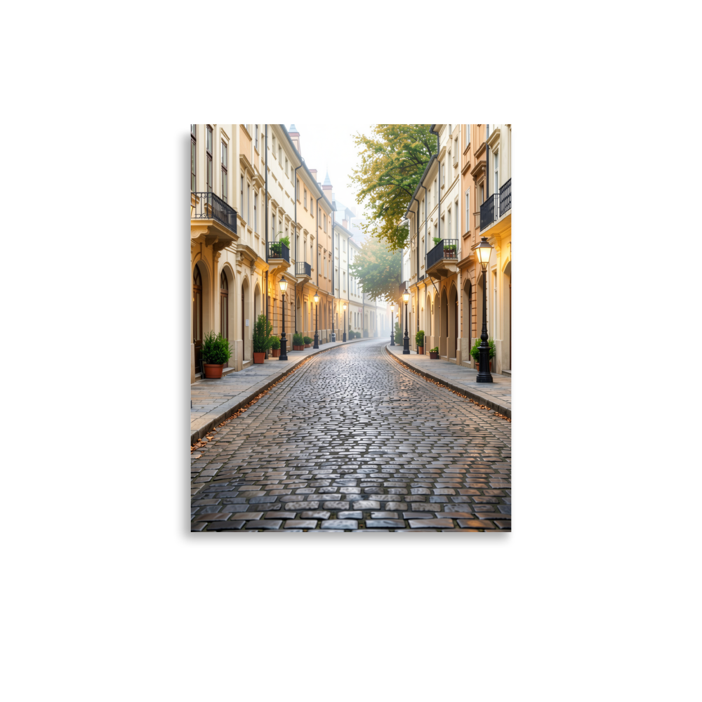 European cobblestone street at dawn, morning fog, glowing lanterns, calm aesthetic wall art print, JMTR Jeometry Store