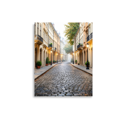 European cobblestone street at dawn, morning fog, glowing lanterns, calm aesthetic wall art print, JMTR Jeometry Store