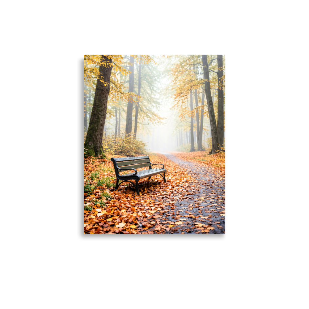 Autumn park bench wall art print, foggy forest path with fall leaves, calm aesthetic poster, JMTR Jeometry Store