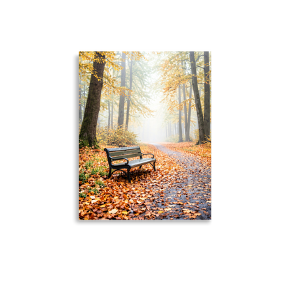 Autumn park bench wall art print, foggy forest path with fall leaves, calm aesthetic poster, JMTR Jeometry Store