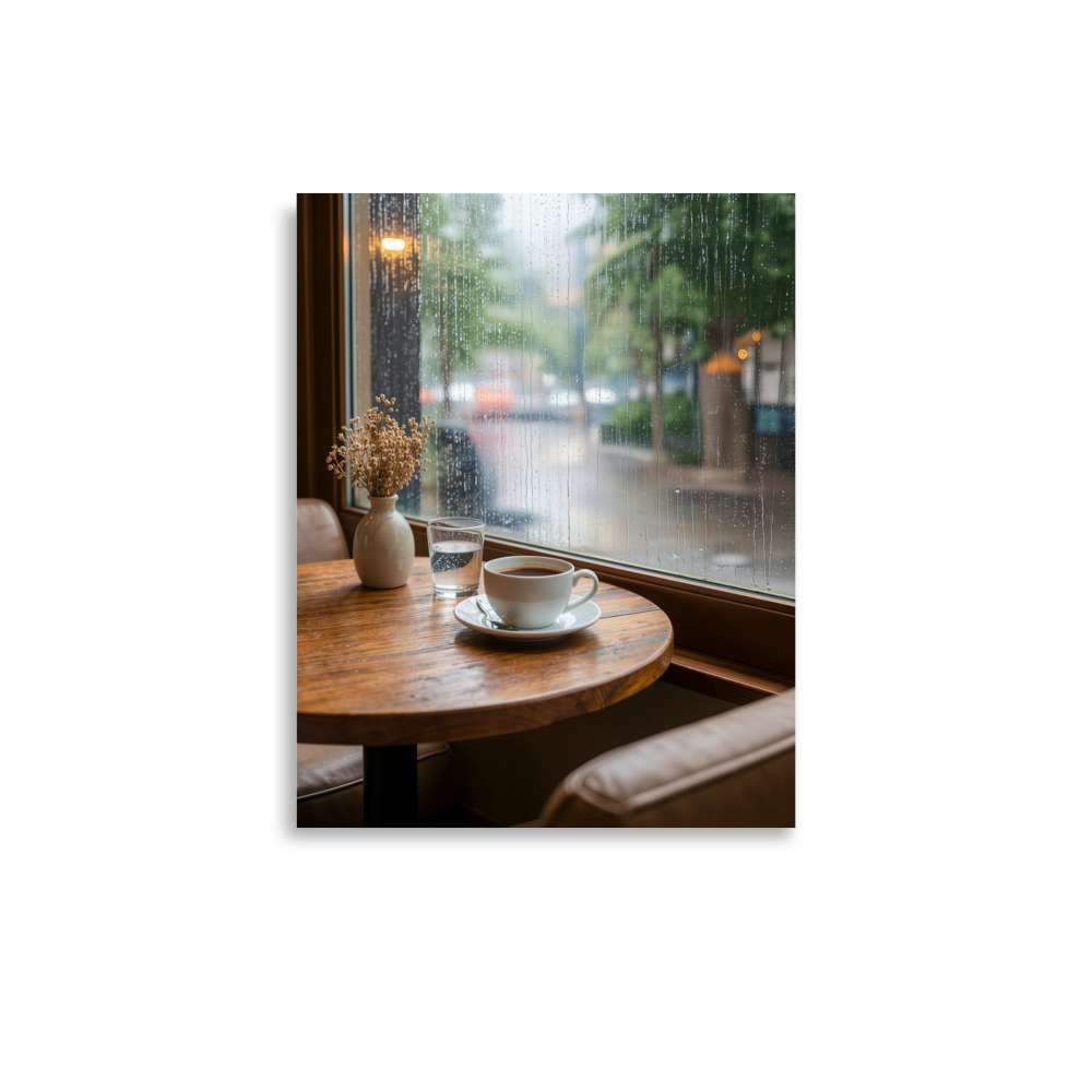 Rainy day cafe wall art print, coffee cup on wooden table by rain window, calm aesthetic poster, JMTR Jeometry Store