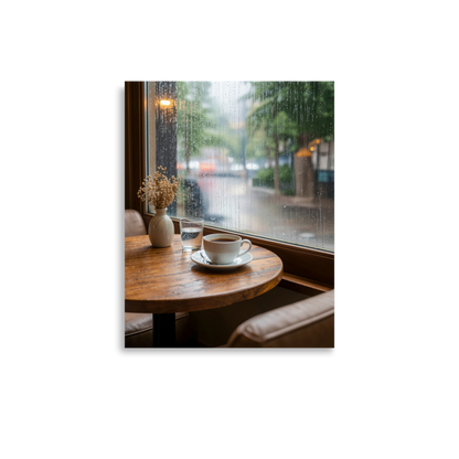 Rainy day cafe wall art print, coffee cup on wooden table by rain window, calm aesthetic poster, JMTR Jeometry Store
