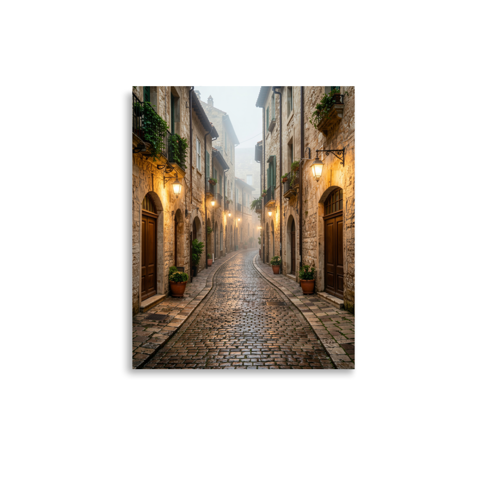 Italian village cobblestone street wall art print, warm lanterns foggy alley calm aesthetic poster, JMTR Jeometry Store