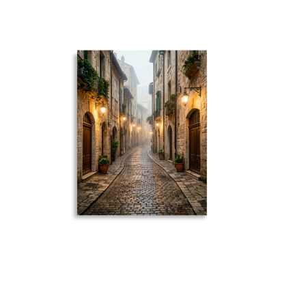 Italian village cobblestone street wall art print, warm lanterns foggy alley calm aesthetic poster, JMTR Jeometry Store