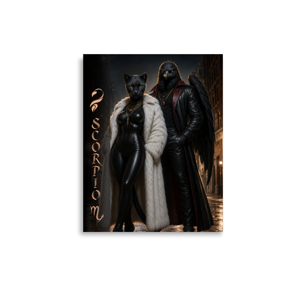 Scorpio power couple zodiac poster with black panther and black eagle