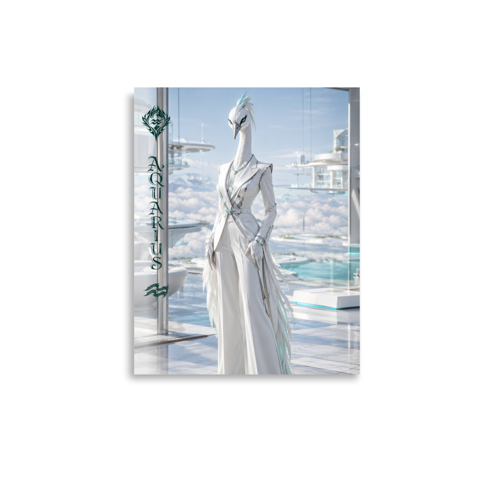 Aquarius woman zodiac poster featuring a white crane standing above the clouds in a futuristic celestial city