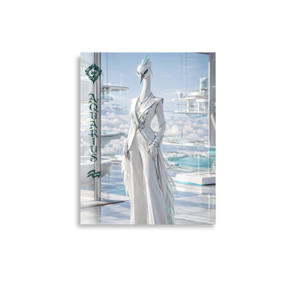 Aquarius woman zodiac poster featuring a white crane standing above the clouds in a futuristic celestial city