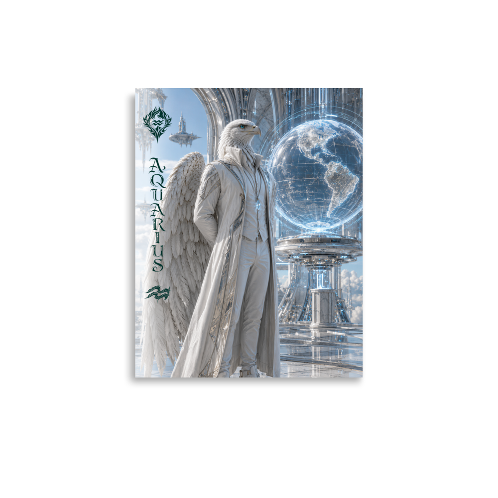 Aquarius man zodiac poster featuring a white eagle standing before a glowing world in a futuristic celestial city