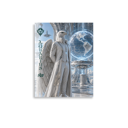 Aquarius man zodiac poster featuring a white eagle standing before a glowing world in a futuristic celestial city
