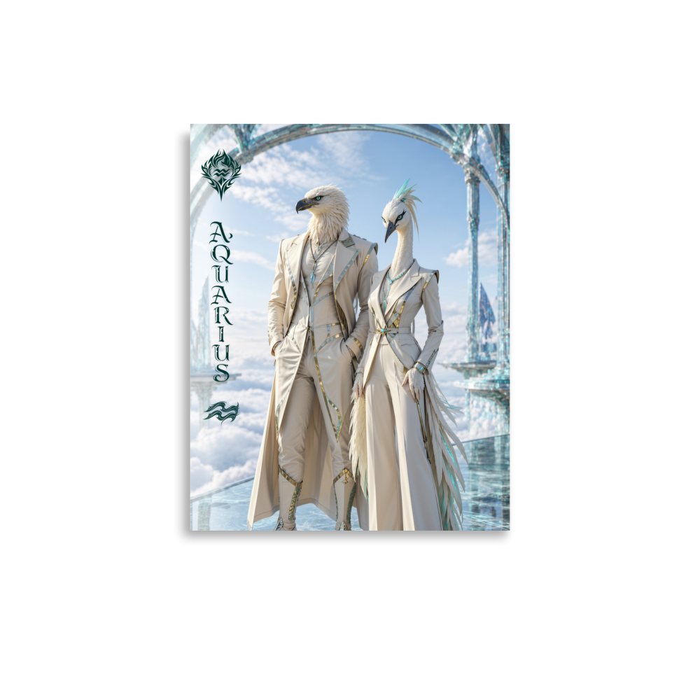 Aquarius power couple zodiac poster with eagle king and crane queen