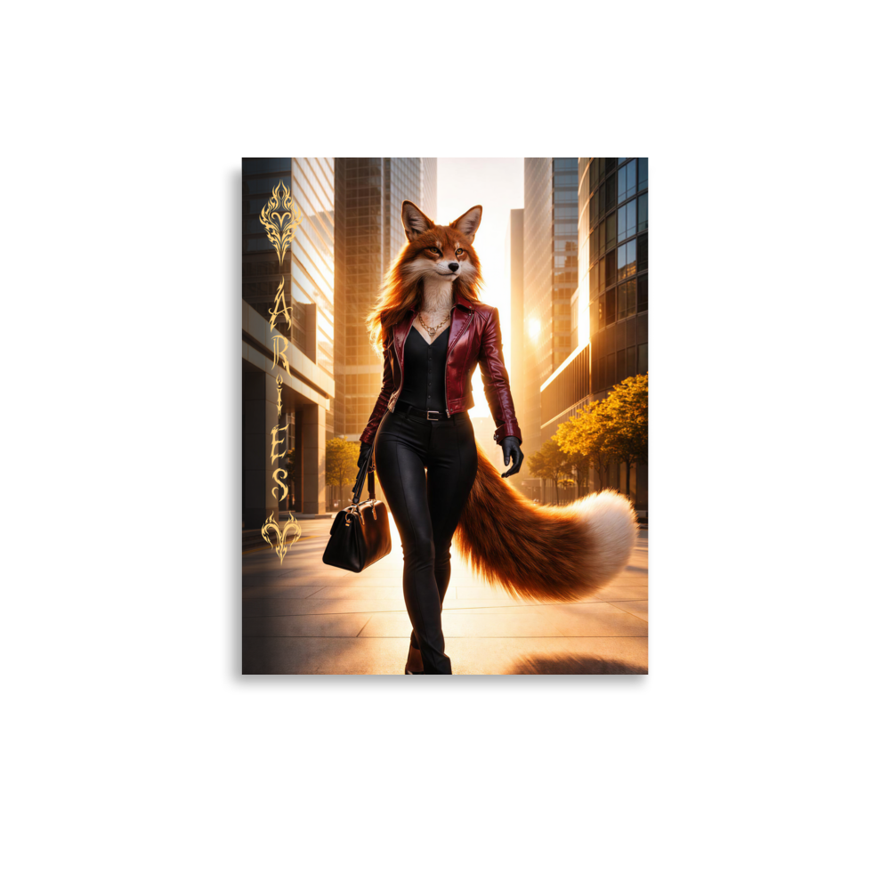 Aries fox woman zodiac poster walking through a modern city at sunset