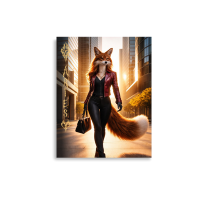 Aries fox woman zodiac poster walking through a modern city at sunset