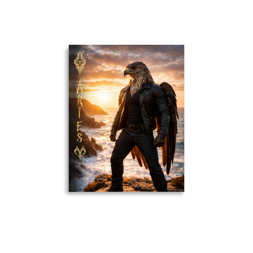 Aries man poster featuring a powerful eagle figure standing above ocean cliffs at sunset, symbolizing strength, courage, and leadership.