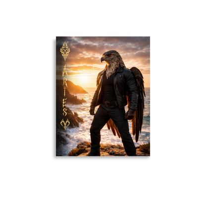 Aries man poster featuring a powerful eagle figure standing above ocean cliffs at sunset, symbolizing strength, courage, and leadership.