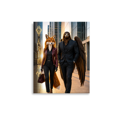 Aries power couple poster featuring eagle and fox archetypes walking together through a modern city, symbolizing strength, ambition, and partnership.