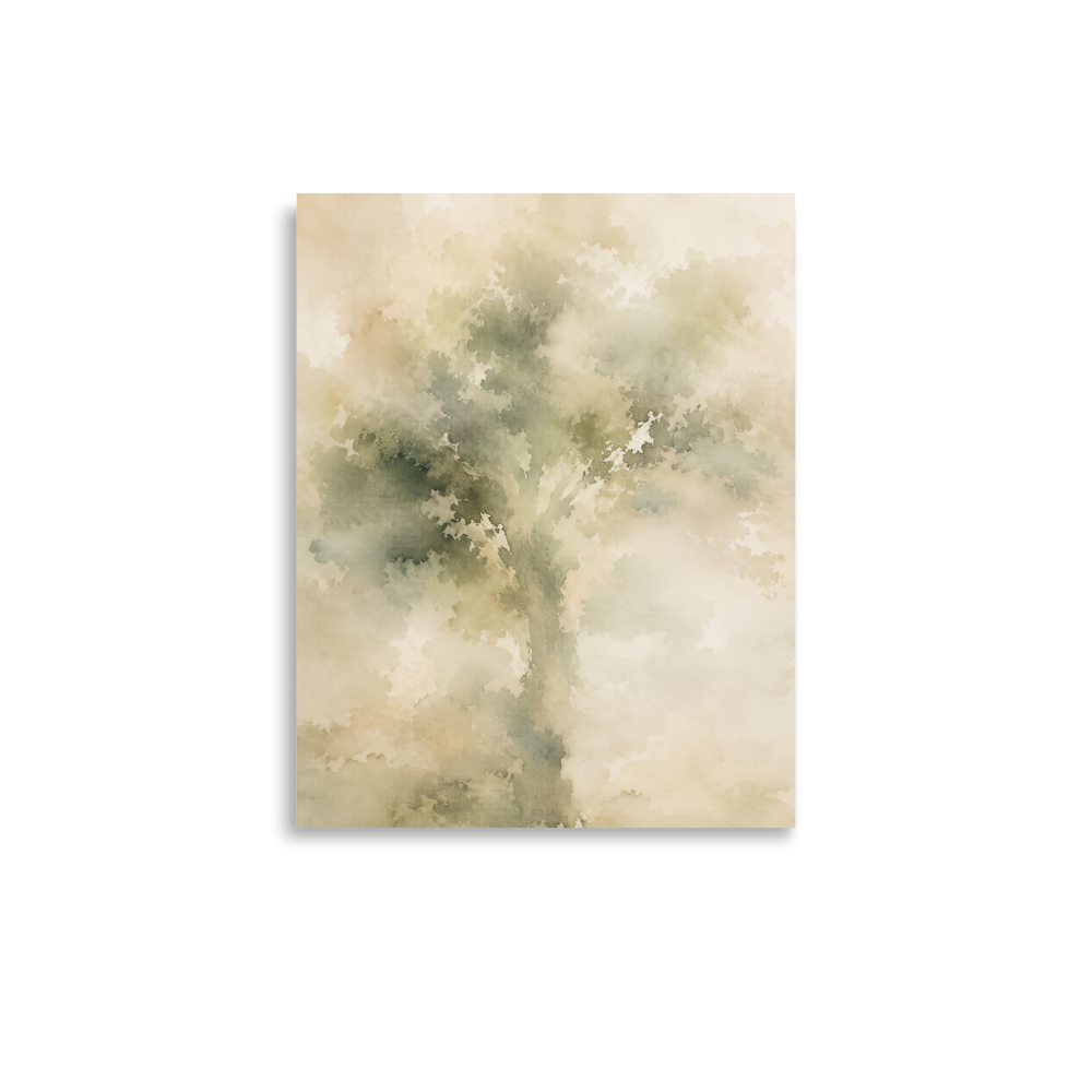 Minimalist nature-inspired poster with a softly emerging tree form in muted green and warm neutral tones