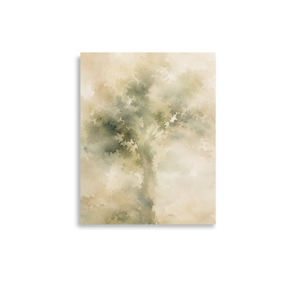 Minimalist nature-inspired poster with a softly emerging tree form in muted green and warm neutral tones