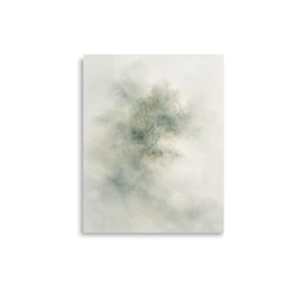 Minimalist watercolor-inspired artwork with a softly emerging tree form and subtle neutral tones.